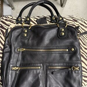 Linea Pelle Black Leather Shoulder Bag with Gold Accents